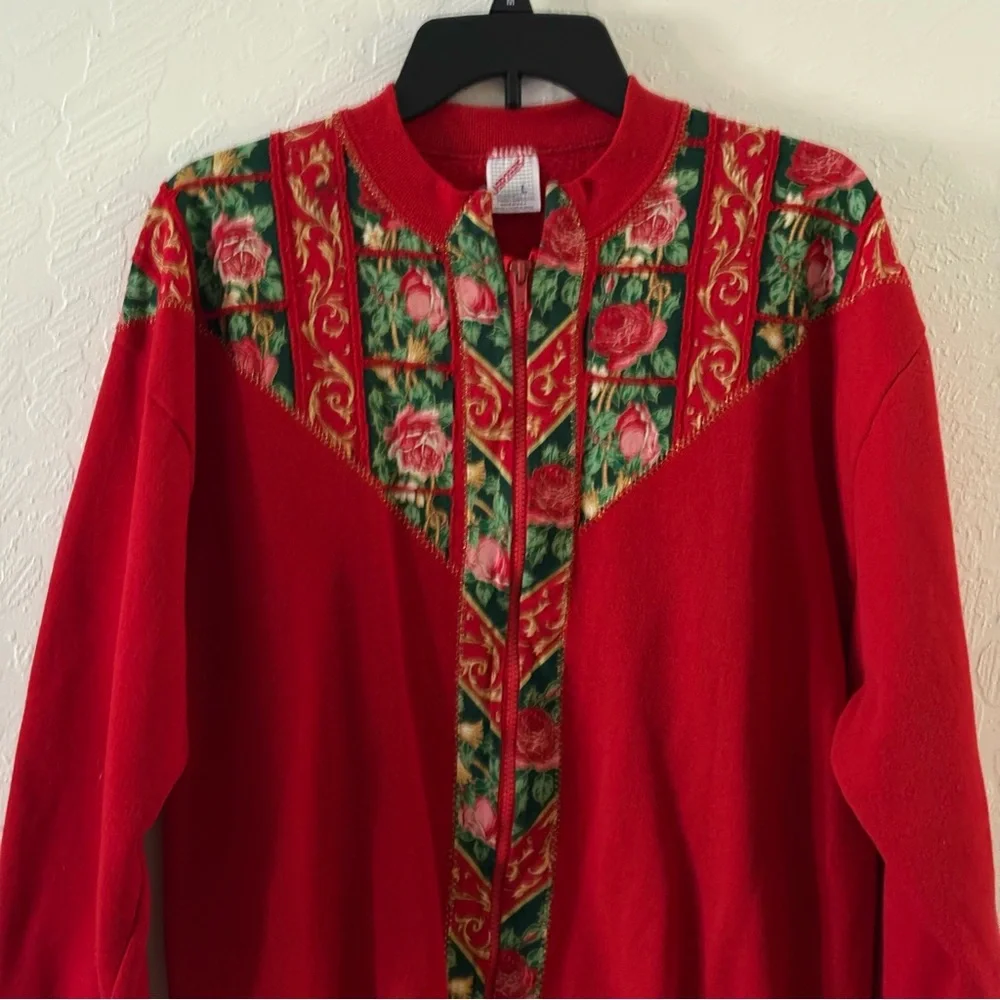 Vintage 90s Women’s Handmade Sweatshirt Jacket Size L Full‎ Zip Red Roses Leaves
